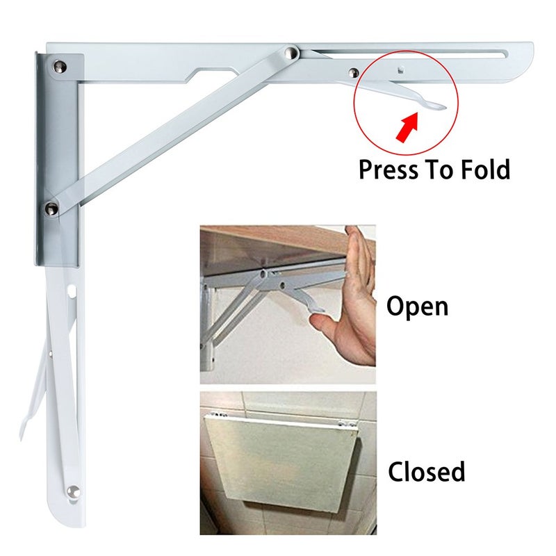 Sumnacon Sturdy Folding Shelf Brackets - Heavy Duty Metal Triangle Table Bench Folding Shelf Brackets  2 Pcs Folding Shelf Hinge Wall Mounted (12 Inch  White) - Image 4